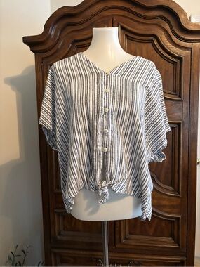 Time and tru white and blue striped button up blouse with tie front detail